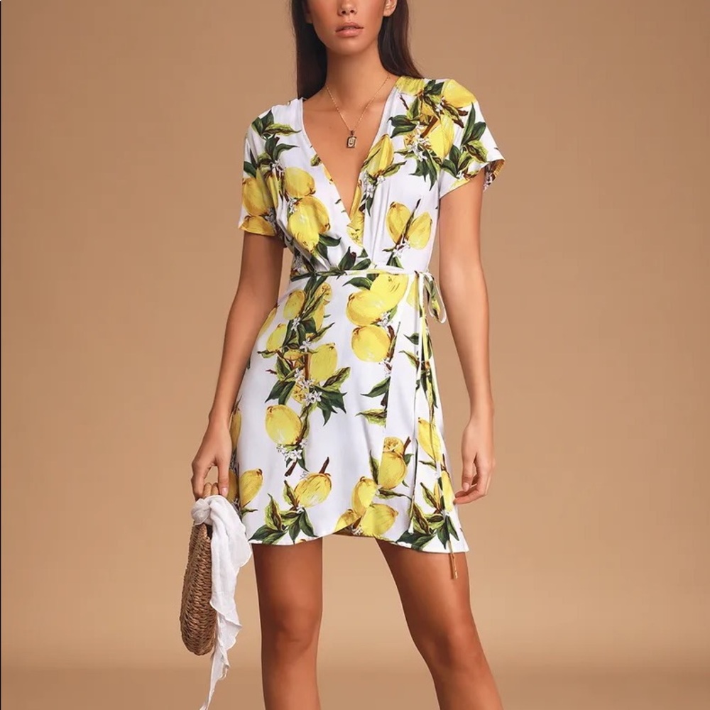 Lulu's White Lemon Print Wrap Mini Dress